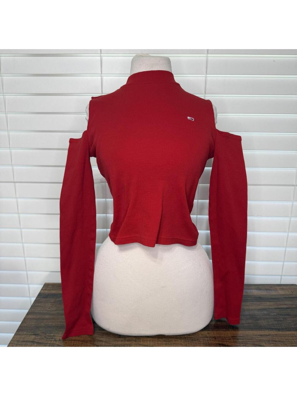 Tommy Jeans Red Cold-Shoulder Long Sleeve Top Size Small